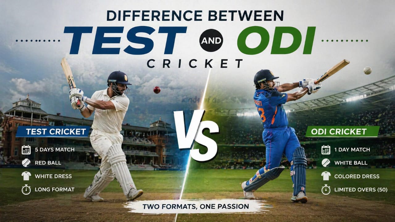 A side-by-side visual comparison of Test and ODI cricket showing players in white and colored kits, highlighting differences like match duration, ball type, format, and gameplay style.