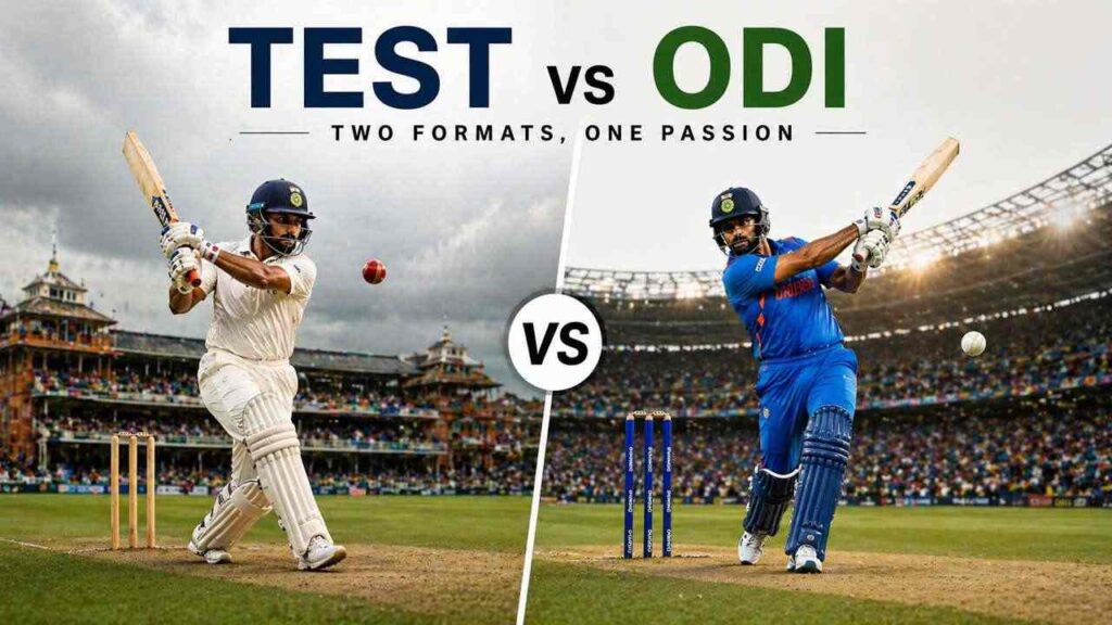 Difference between Test and ODI cricket showing players in white and blue kits with a simple visual comparison of format, duration, and gameplay