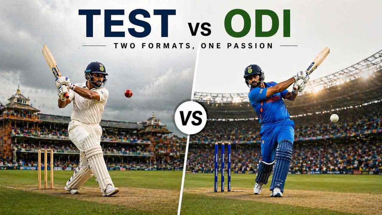 Difference between Test and ODI cricket showing players in white and blue kits with a simple visual comparison of format, duration, and gameplay