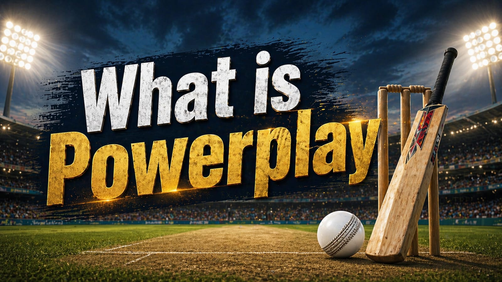 What is powerplay in cricket banner with stadium, bat and white ball