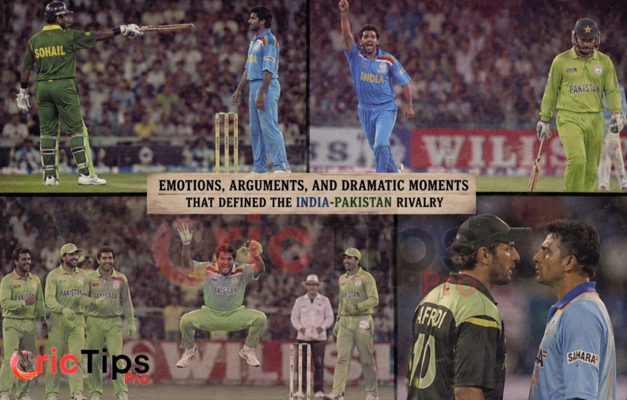 India Pakistan rivalry history image showing emotional cricket moments, player arguments, celebrations, and dramatic scenes from historic India vs Pakistan matches.