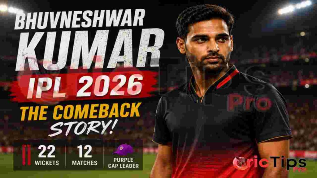 Bhuvneshwar Kumar IPL 2026 comeback story poster with RCB-style jersey, Purple Cap race stats, and stadium background.
