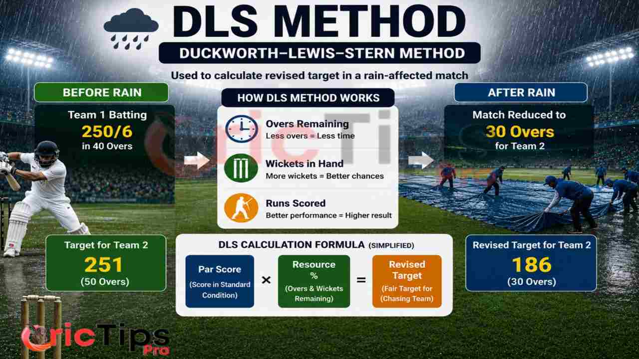 DLS method in cricket showing revised target calculation after rain interruption