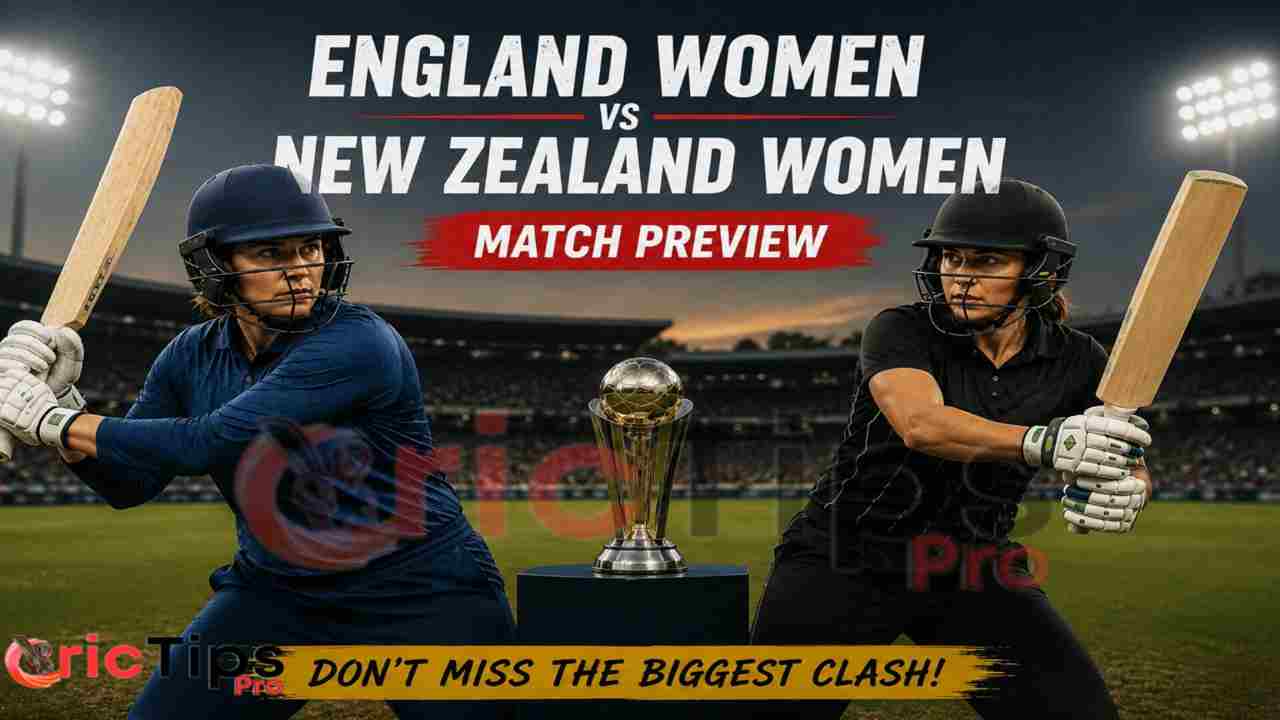 England Women vs New Zealand Women match poster with two women cricketers and a trophy in the stadium.