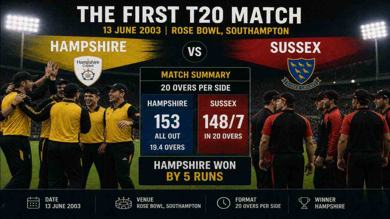 First T20 match 2003 Hampshire vs Sussex at Rose Bowl Southampton night cricket scoreboard and match summary