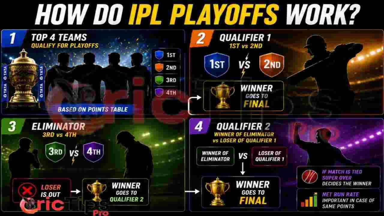How Do IPL Playoffs Work infographic explaining IPL playoff format, including Qualifier 1, Eliminator, Qualifier 2, and Final with points table visuals and trophy graphics.