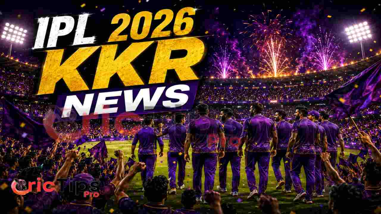 IPL 2026 KKR News thumbnail showing Kolkata Knight Riders players walking on the field with cheering fans, fireworks, and a packed cricket stadium.