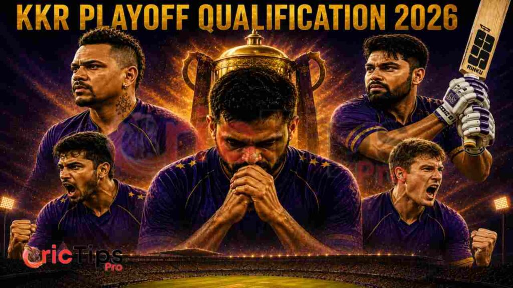 KKR Playoff Qualification 2026 thumbnail featuring Kolkata Knight Riders players with a dramatic stadium background and playoff-themed design.