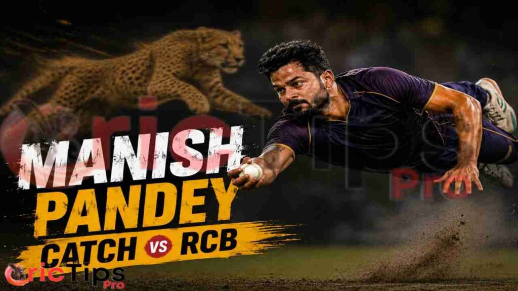 Manish Pandey dives in the air to take a stunning catch against RCB during IPL 2026 while a blurred cheetah graphic adds speed and intensity to the moment.