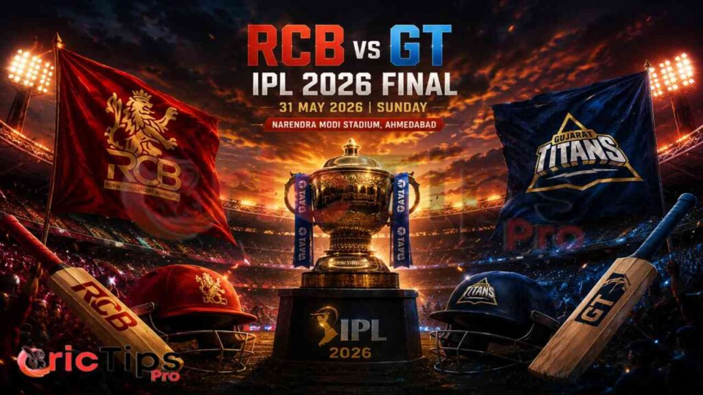 RCB vs GT IPL 2026 Final trophy graphic with stadium lights and team-themed colors ahead of the championship match.