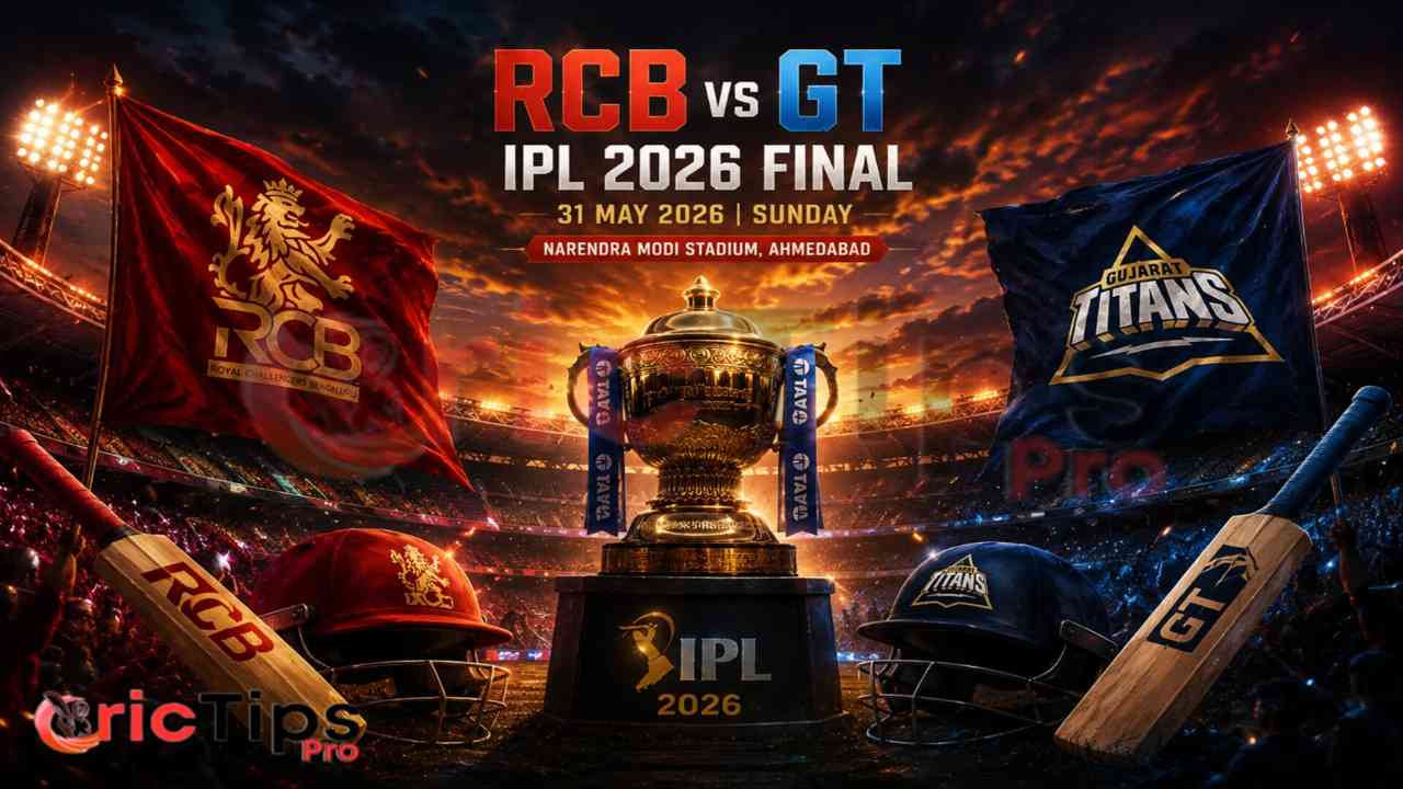 RCB vs GT IPL 2026 Final trophy graphic with stadium lights and team-themed colors ahead of the championship match.
