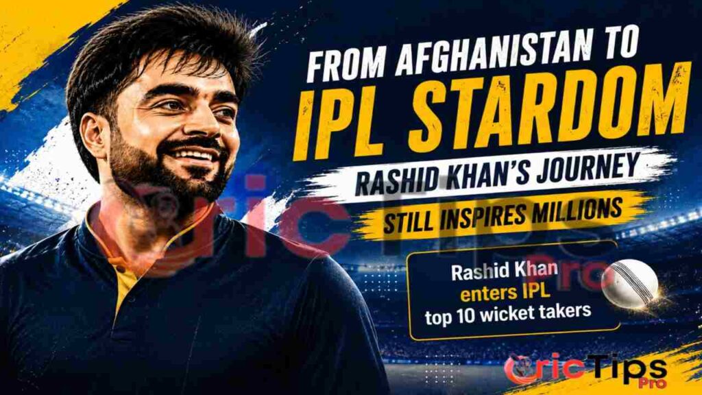 Rashid Khan celebrating after entering the IPL top 10 wicket takers list with a dramatic cricket stadium background