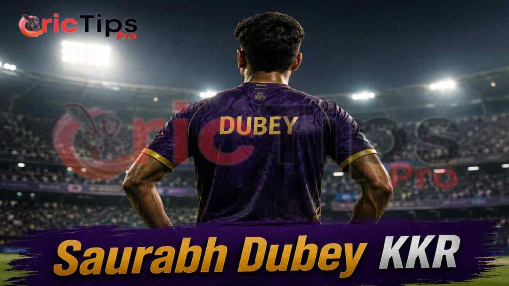 Saurabh Dubey standing inside a floodlit cricket stadium wearing a purple KKR jersey with his back facing the camera.