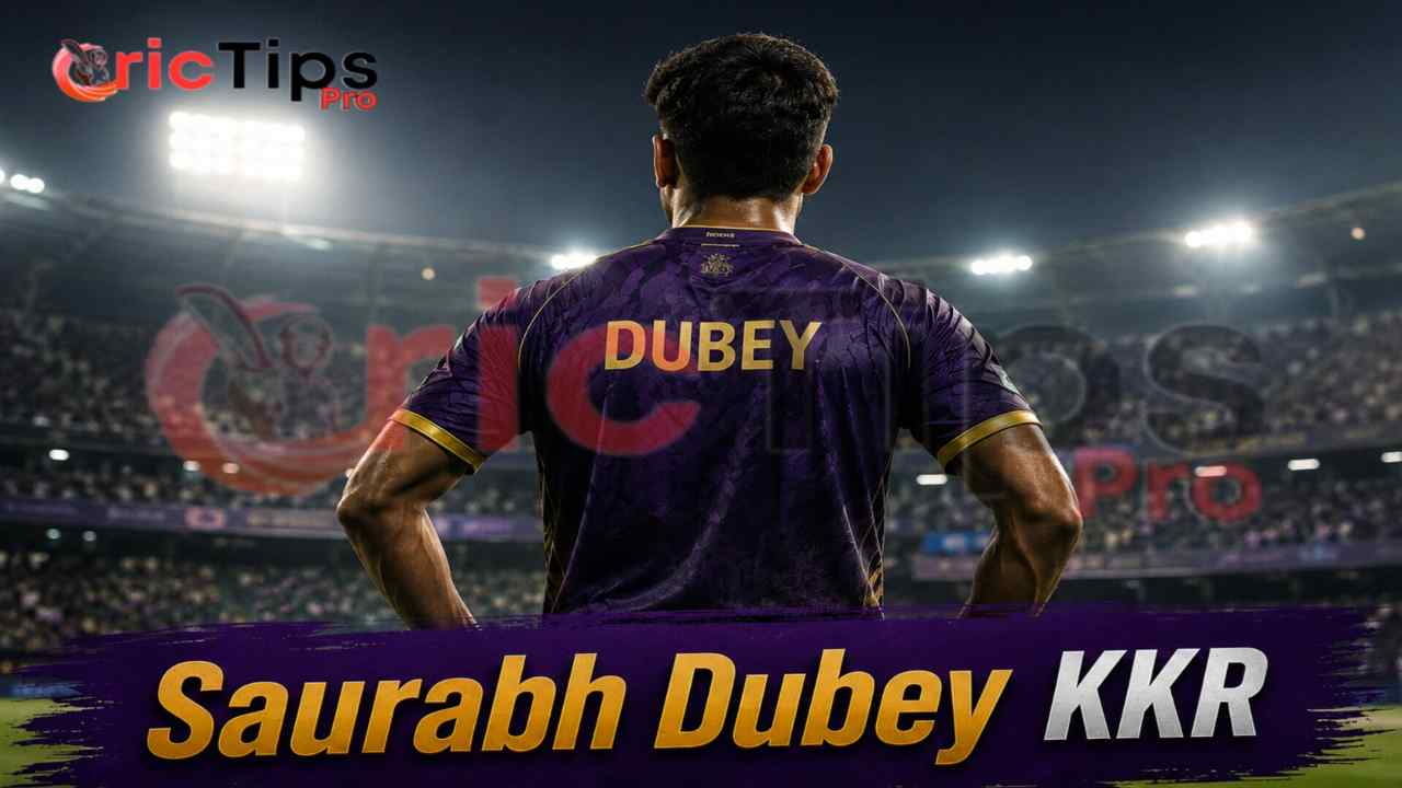 Saurabh Dubey standing inside a floodlit cricket stadium wearing a purple KKR jersey with his back facing the camera.