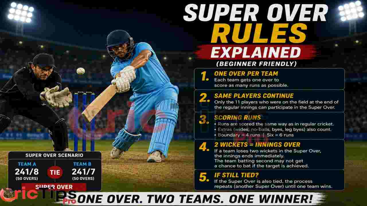 Super Over rules explained in cricket with beginner-friendly infographic showing one over per team, scoring rules, and tie-break situations.