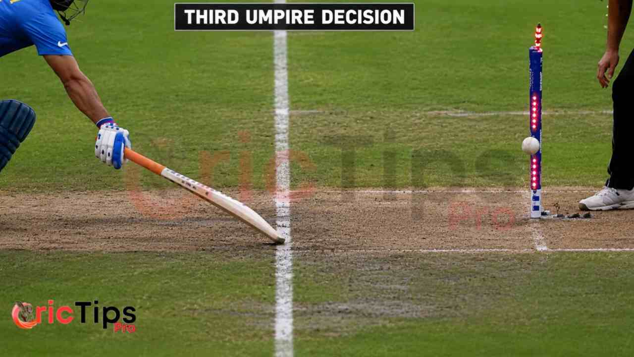 Third umpire decision during a very close cricket run-out review near the batting crease. The image shows the ball hitting the stumps while the batter’s bat is just inches away from crossing the line.