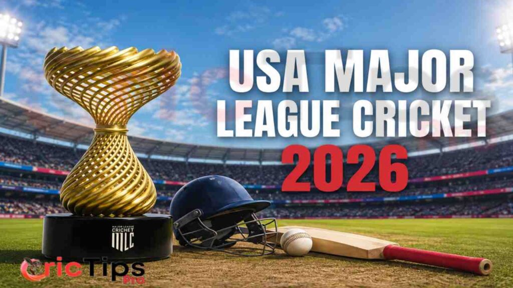 USA Major League Cricket 2026 trophy, cricket bat, ball and helmet inside a packed stadium.