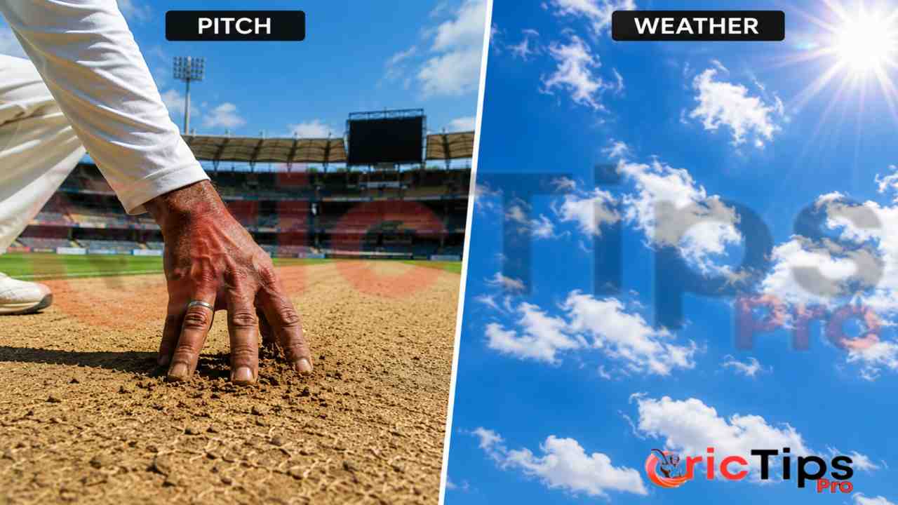Cricket pitch and weather comparison image showing a hand checking the dry pitch on one side and a bright sunny sky on the other side inside a cricket stadium.