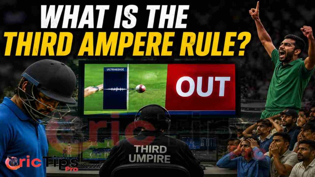 Third umpire checking an OUT decision in a cricket match using Ultra Edge technology.