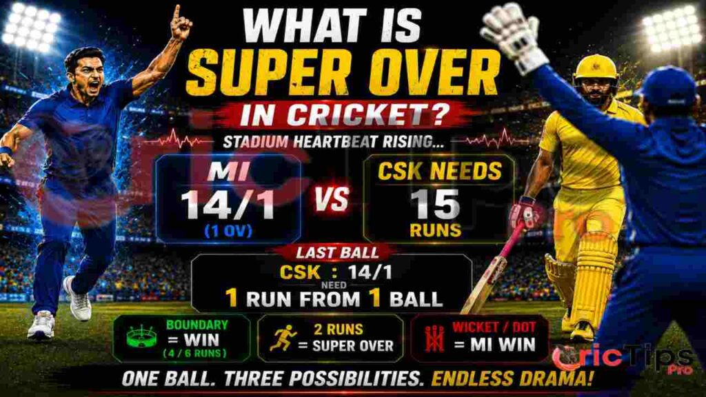 Dramatic cricket Super Over thumbnail showing MI vs CSK last-ball scenario with scoreboard, stadium lights, and players in action explaining Super Over rules in cricket.