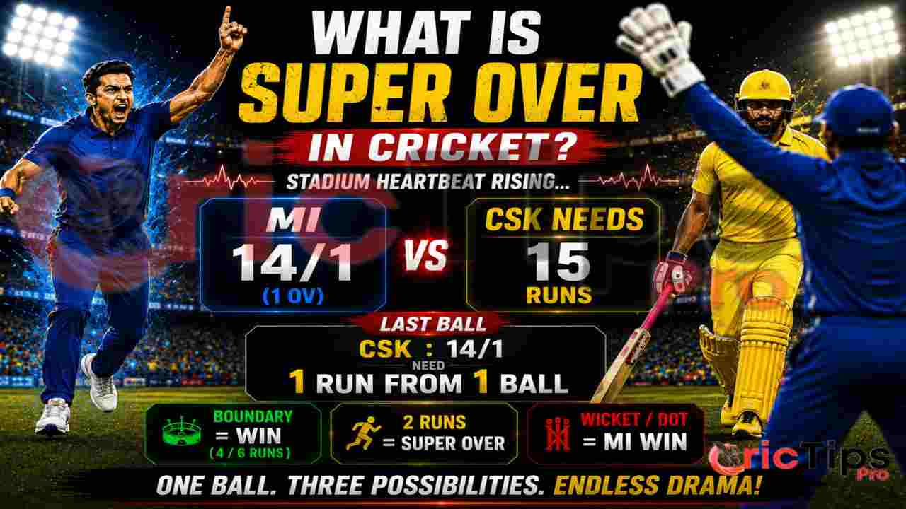 Dramatic cricket Super Over thumbnail showing MI vs CSK last-ball scenario with scoreboard, stadium lights, and players in action explaining Super Over rules in cricket.