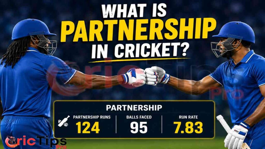 What is partnership in cricket thumbnail showing batting partnership after 5 wickets with two batters celebrating together