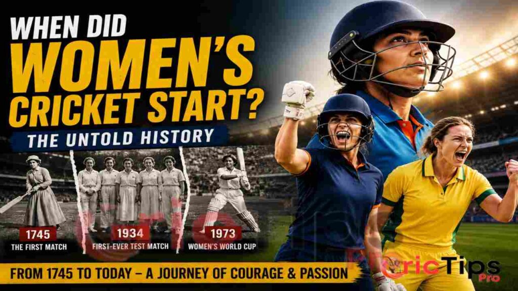 A colorful thumbnail showing the history of women’s cricket with modern female cricketers, old black-and-white cricket images, and timeline highlights from 1745, 1934, and 1973.