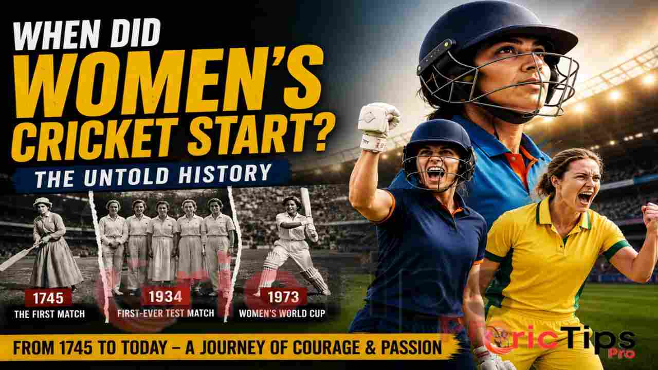 A colorful thumbnail showing the history of women’s cricket with modern female cricketers, old black-and-white cricket images, and timeline highlights from 1745, 1934, and 1973.