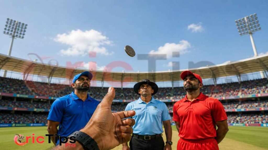 Cricket captains and an umpire watching a coin toss in a packed stadium during a sunny daytime match.