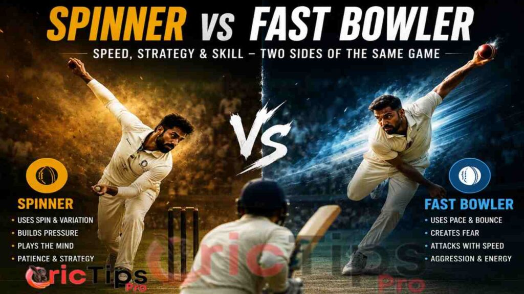 Fast bowler bowling to a batsman during a cricket match
