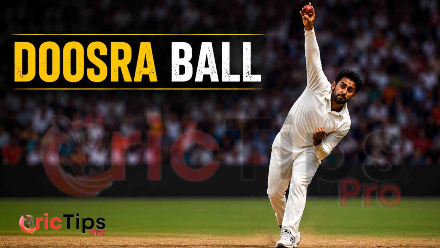 Cricket bowler delivering a doosra ball during a match, showing the unique off spin variation used to confuse batsmen.