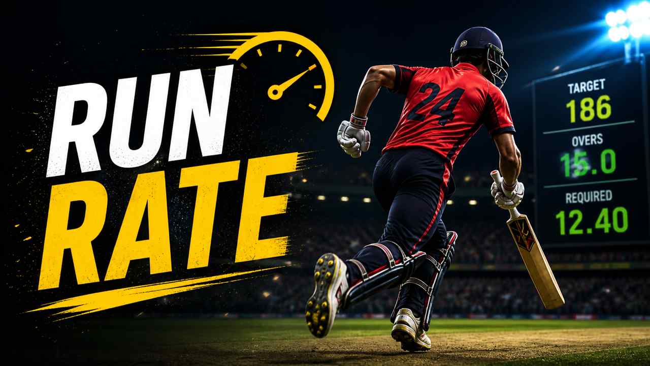 run rate in cricket explained with player running between wickets and scoreboard example