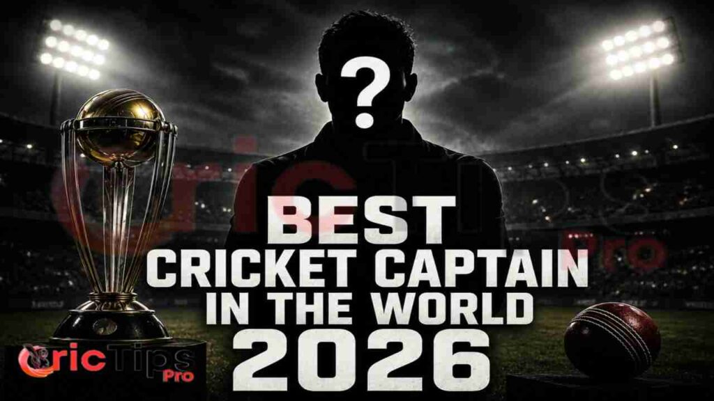 Best Cricket Captain in the World 2026 promotional image featuring a mystery cricket captain silhouette, World Cup trophy, cricket ball, and stadium lights.