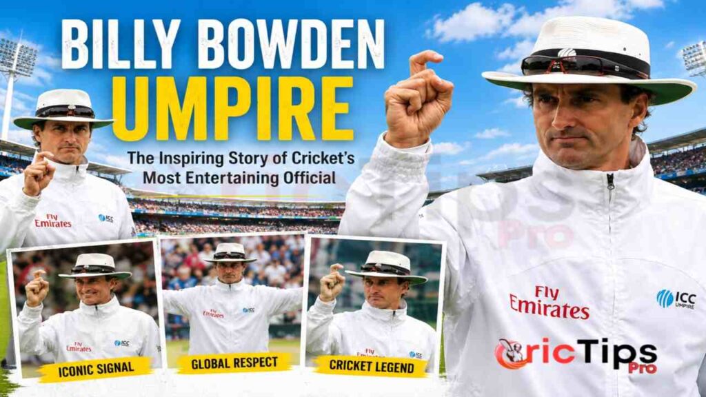 Billy Bowden umpire showing his famous Crooked Finger of Doom signal during an international cricket match.