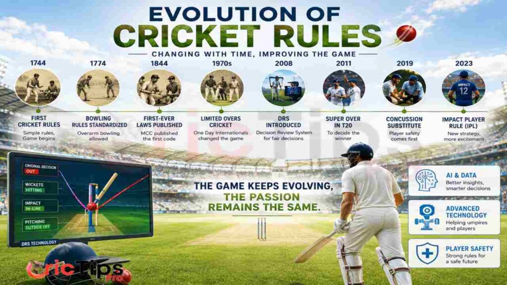 Evolution of Cricket Rules timeline showing major rule changes from 1744 to 2023, including LBW, limited-overs cricket, DRS, concussion substitute and Impact Player rule.