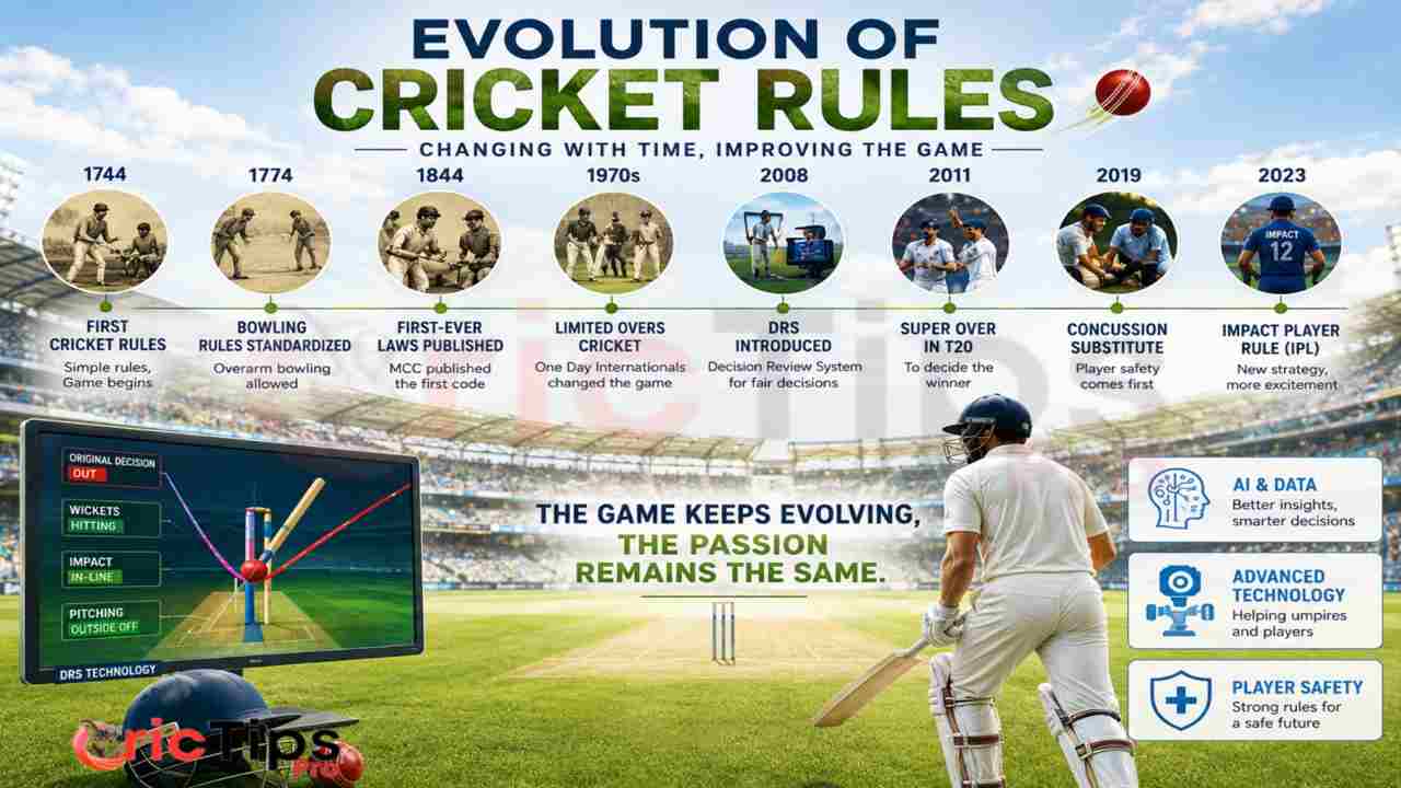 Evolution of Cricket Rules timeline showing major rule changes from 1744 to 2023, including LBW, limited-overs cricket, DRS, concussion substitute and Impact Player rule.