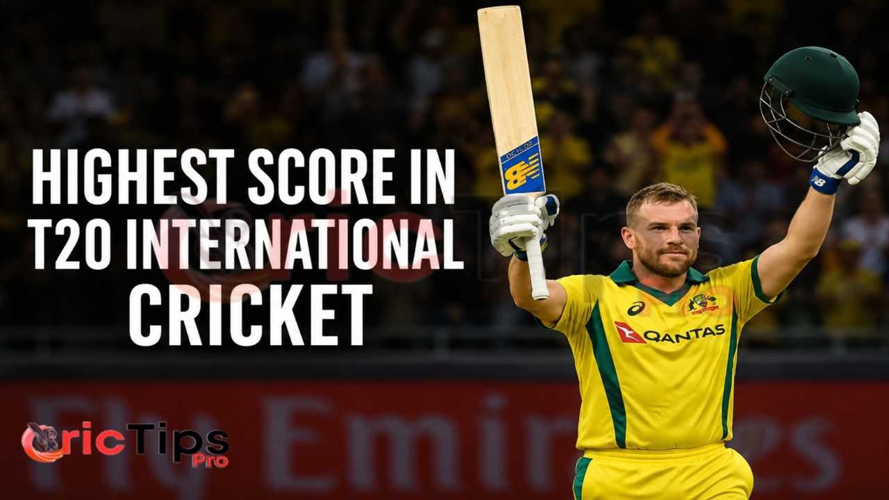 Highest Score in T20 International Cricket graphic featuring Aaron Finch celebrating his historic 172-run innings for Australia, the highest individual score in T20I history.