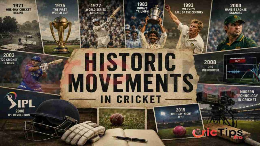 Historic Moments in Cricket featuring the 1975 World Cup, India's 1983 victory, T20 cricket, IPL, DRS, and other game-changing events.