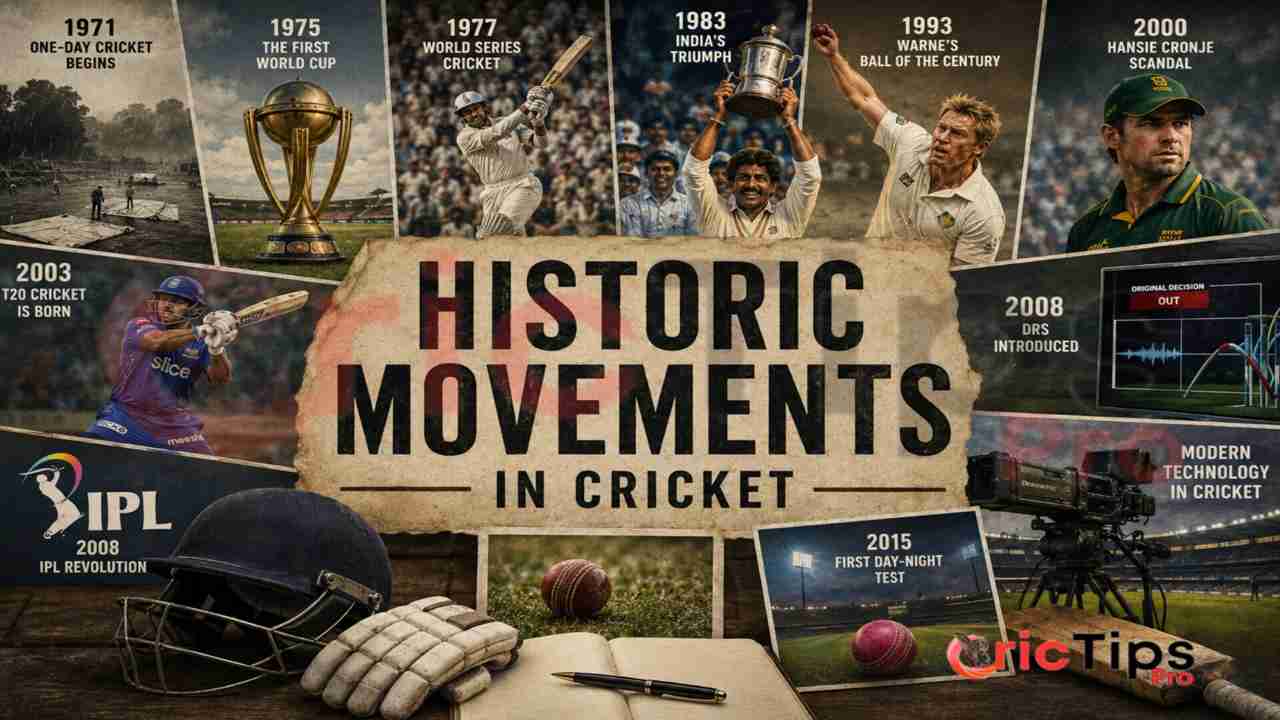Historic Moments in Cricket featuring the 1975 World Cup, India's 1983 victory, T20 cricket, IPL, DRS, and other game-changing events.