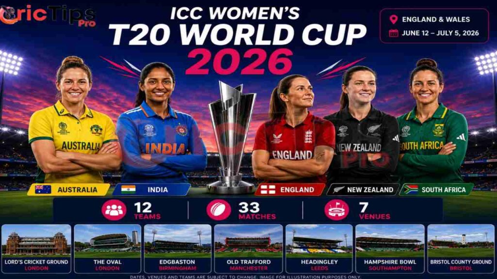 ICC Women's T20 World Cup 2026 featured image showing top women's cricket teams, tournament trophy, 12 teams, 33 matches, and 7 venues in England and Wales.