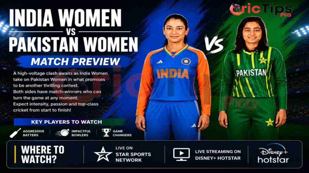 India Women vs Pakistan Women Match Preview graphic featuring two women cricketers in team jerseys, match analysis highlights, key players to watch, and live streaming information.