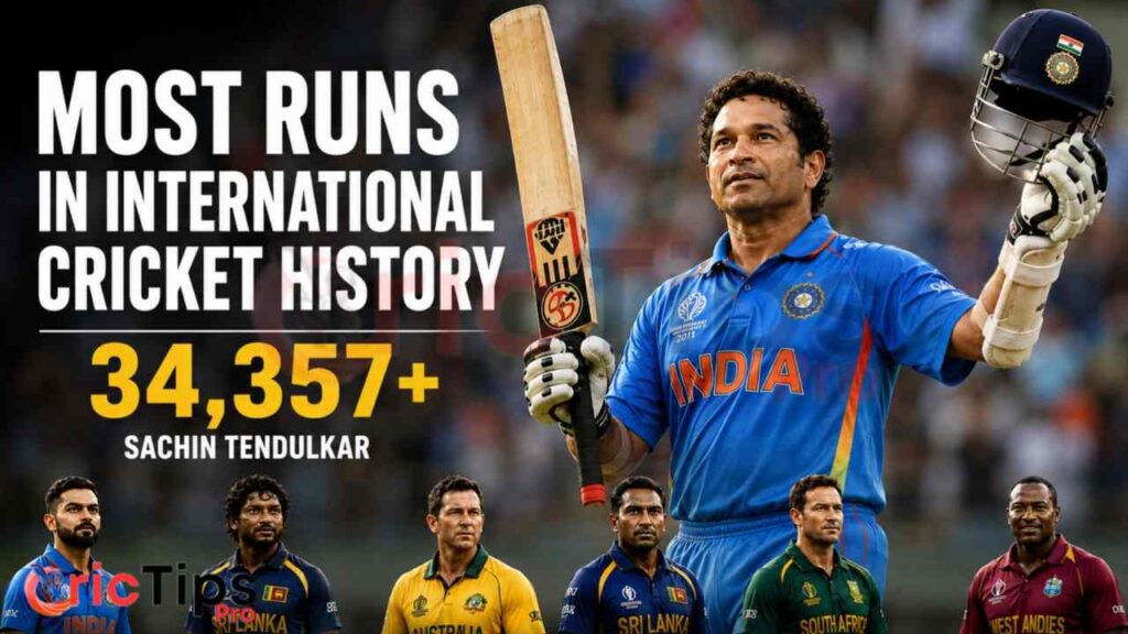 Most Runs in International Cricket History featuring Sachin Tendulkar leading the all-time international run-scoring charts with 34,357 runs.