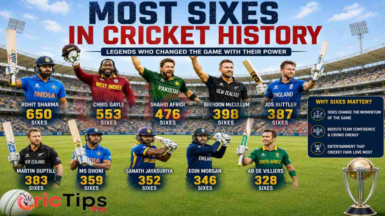 Most Sixes in Cricket History featuring Rohit Sharma, Chris Gayle, Shahid Afridi, MS Dhoni, and other legendary six-hitters in international cricket.