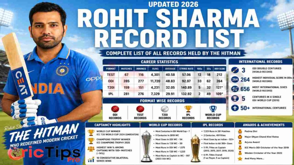 Rohit Sharma Record List 2026 showing ODI, Test, T20I, IPL, World Cup records, captaincy achievements, career statistics, and major awards.