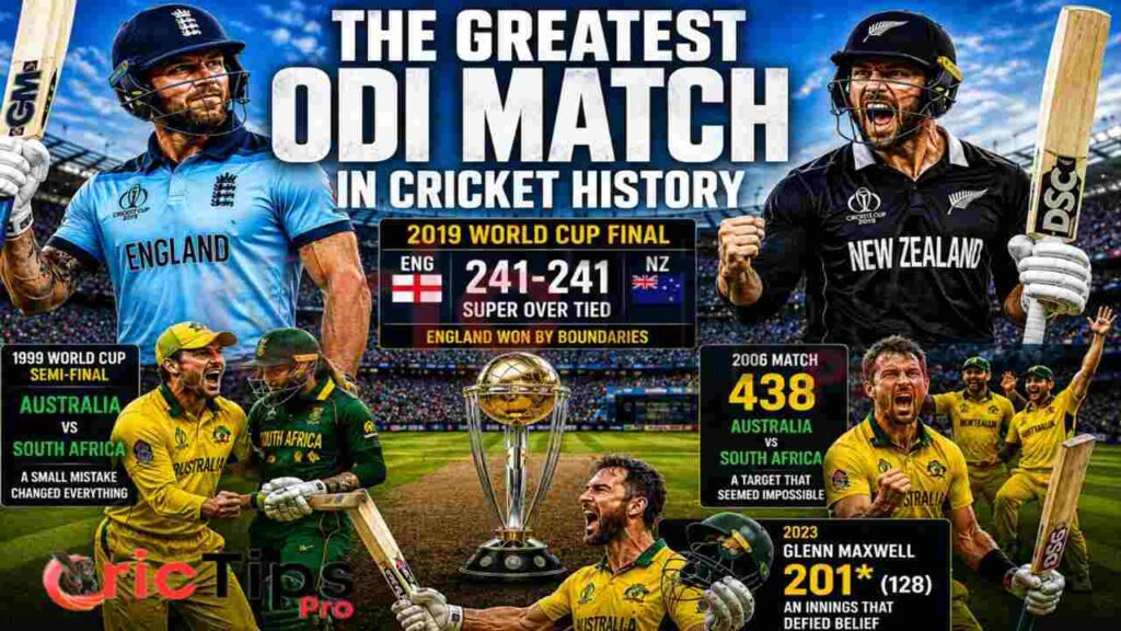 The Greatest ODI Match in Cricket History thumbnail featuring the 2019 World Cup Final, Australia vs South Africa 438 match, 1999 World Cup semi-final, and Glenn Maxwell's heroic 201-run innings.