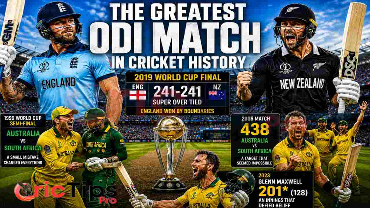 The Greatest ODI Match in Cricket History thumbnail featuring the 2019 World Cup Final, Australia vs South Africa 438 match, 1999 World Cup semi-final, and Glenn Maxwell's heroic 201-run innings.