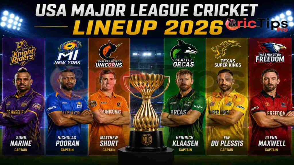 USA Major League Cricket Lineups 2026 showing captains of all six Major League Cricket teams.