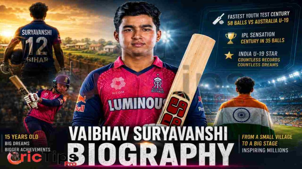Vaibhav Suryavanshi Biography featured image showing the young Indian cricket star in Rajasthan Royals jersey.