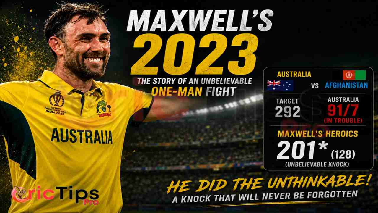 Glenn Maxwell celebrates his unbeaten 201-run innings against Afghanistan in the 2023 Cricket World Cup, leading Australia from 91/7 to a historic victory in one of the greatest ODI comebacks ever.