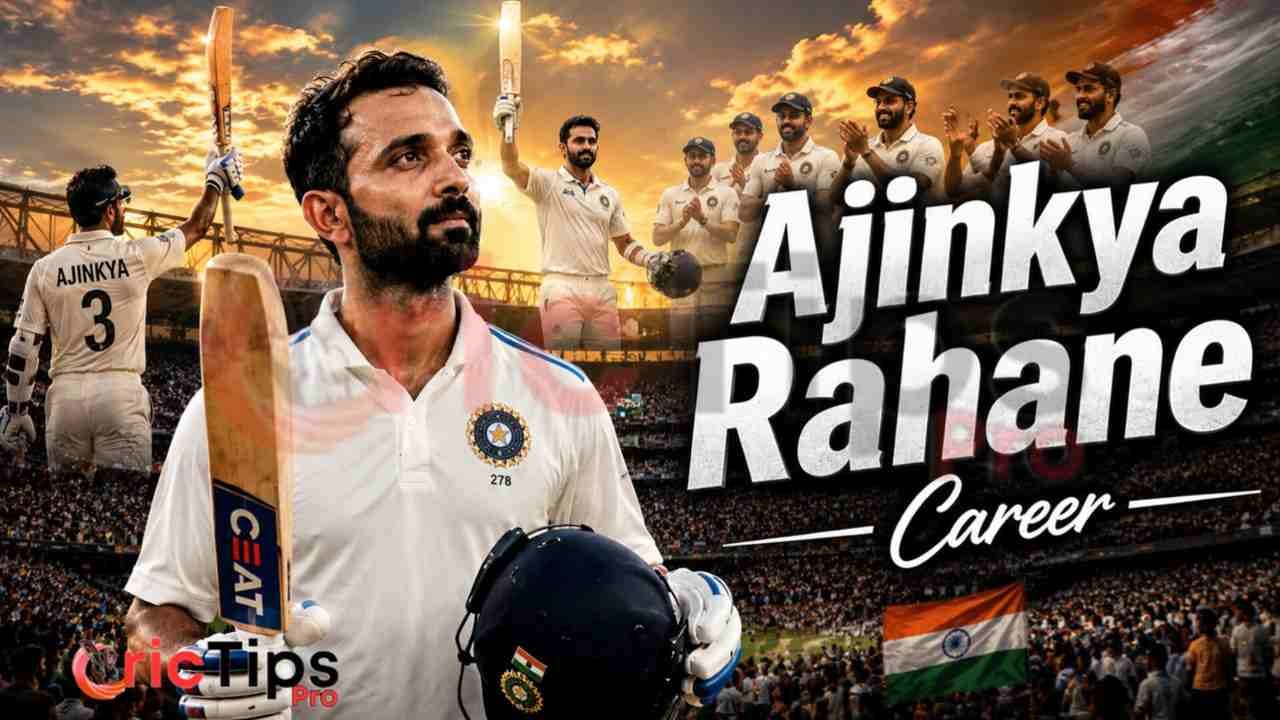 Ajinkya Rahane Career tribute image showing the former India captain celebrating his greatest Test cricket moments after retirement.